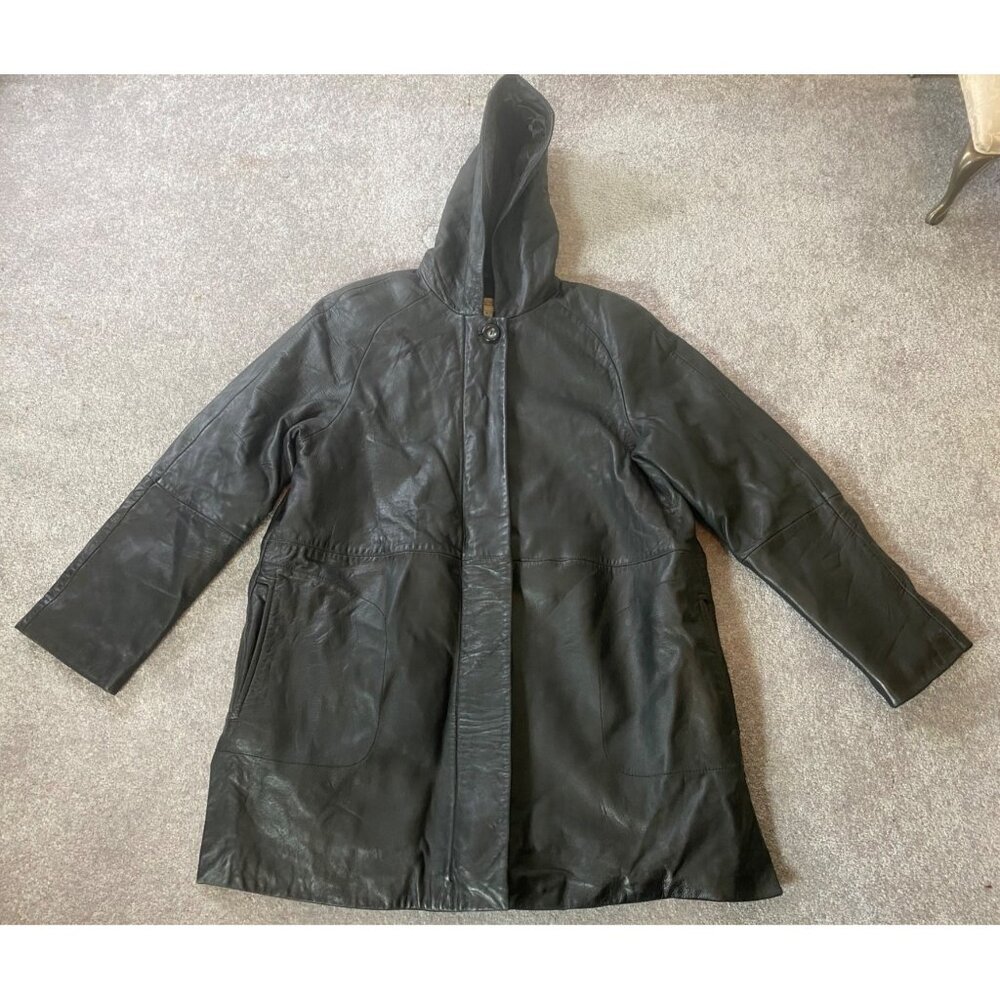 Talbots Womens Black Leather Hooded Coat 32" Long w/ Thinsulate Medium